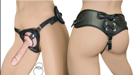 Pegging 101 - Playthings Miami - All American Whoppers Realskin Straight Dildo and Universal Harness