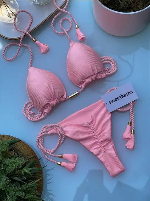 Solid Color Halter Micro Thong Triangle Bikini Set GY02