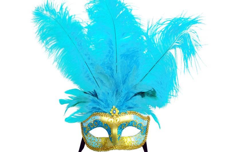 Sky Blue Gold Venetian Feather Mask