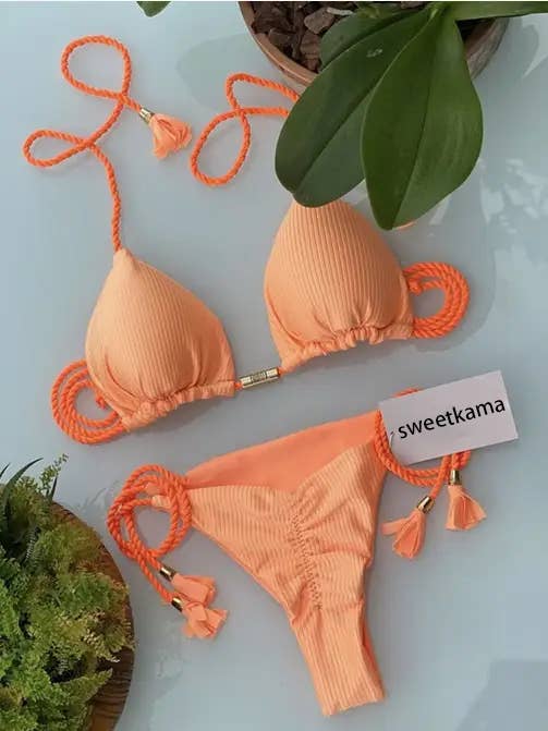 Solid Color Halter Micro Thong Triangle Bikini Set GY02