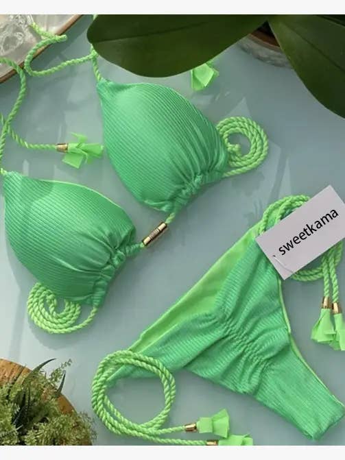 Solid Color Halter Micro Thong Triangle Bikini Set GY02