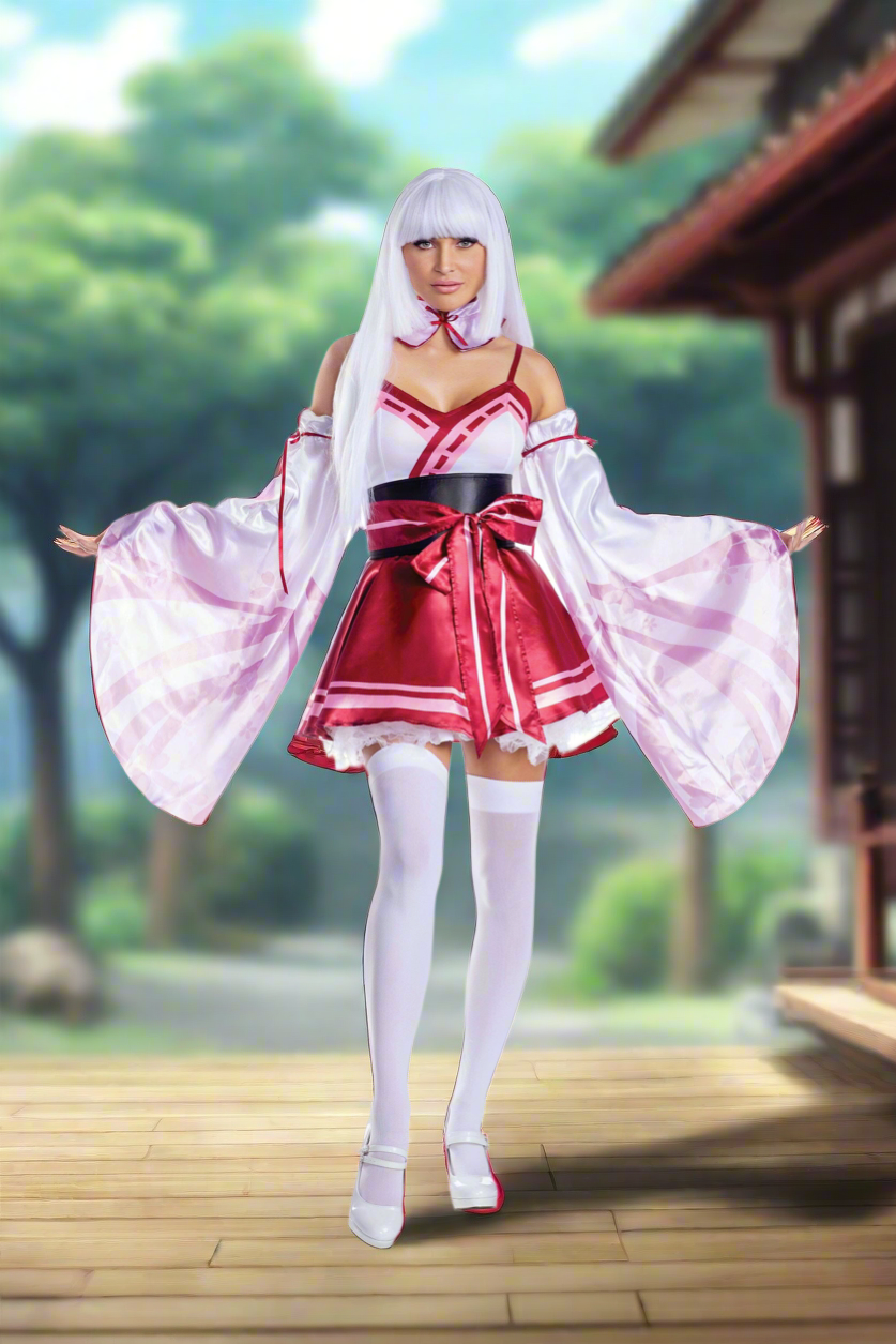 Sakura Shrine Maiden Satin Circle Skirt Dress with Bow Detail Women’s Costume – Japanese-Inspired Outfit