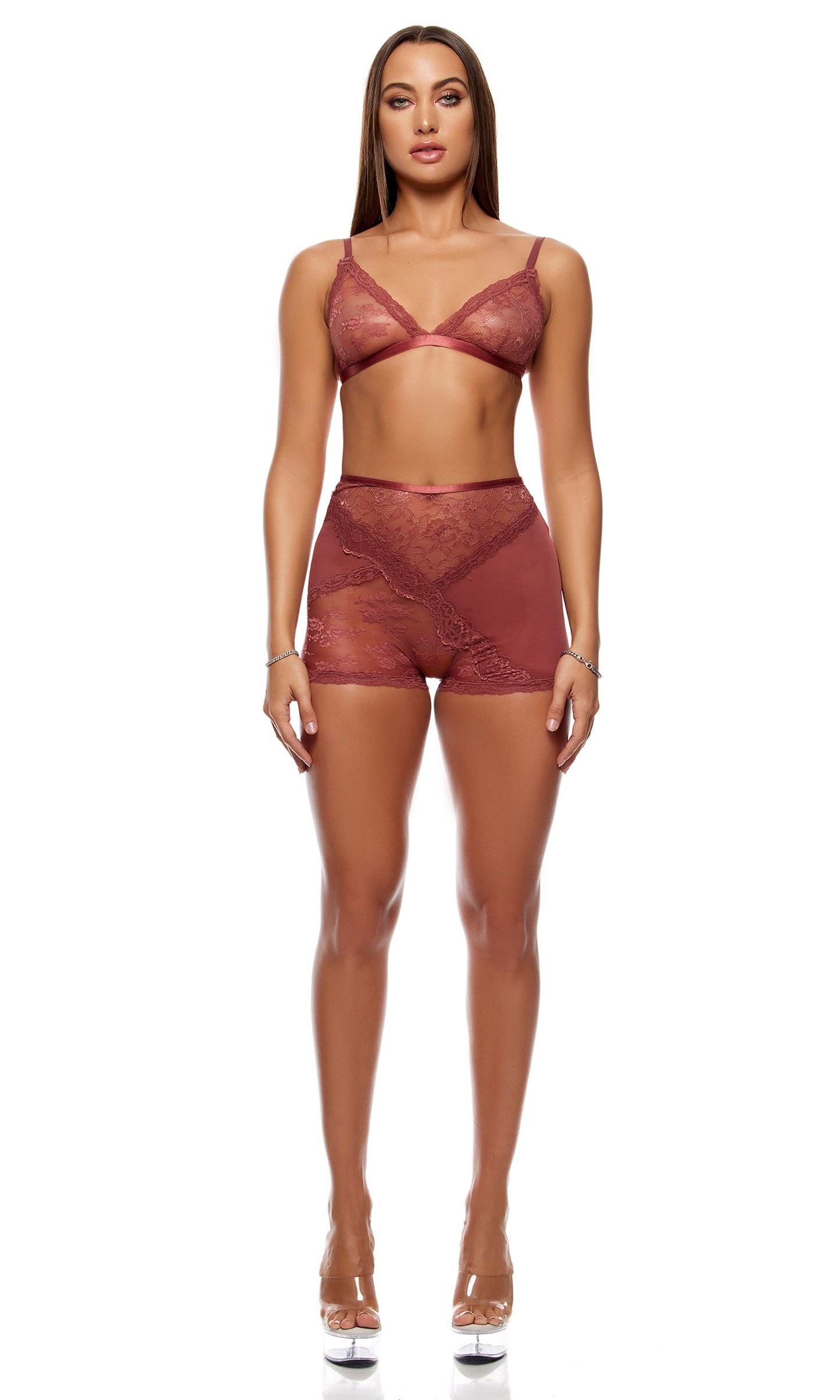 Patch of Petals Lace Bralette and Shorts Lingerie Set - Spice