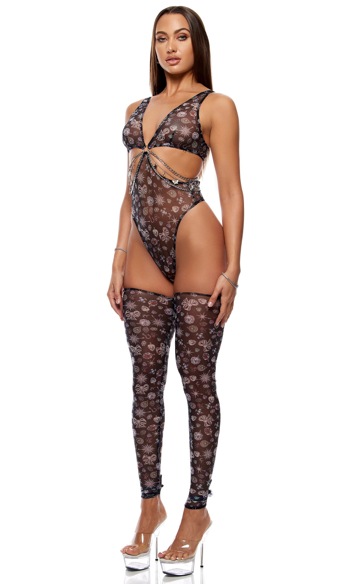 Sheer Charm Mesh and Chains Teddy Lingerie Set - Black