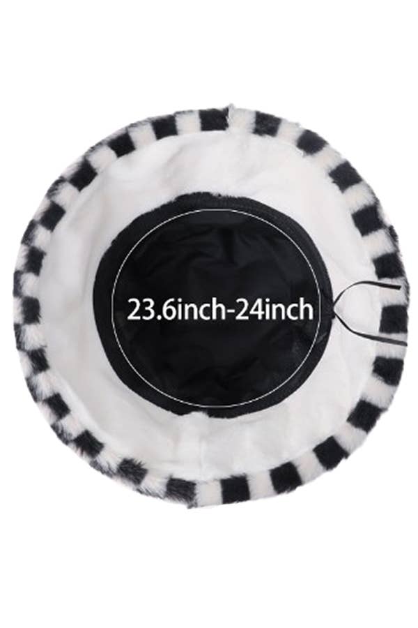 Cap Zone - Black White Checkered Fluffy Faux Fur Bucket Hat