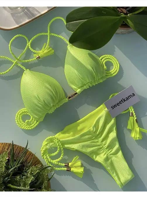 Solid Color Halter Micro Thong Triangle Bikini Set GY02