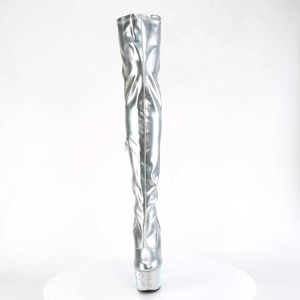 Rhinestoned Silver Boots Heels 7 inches