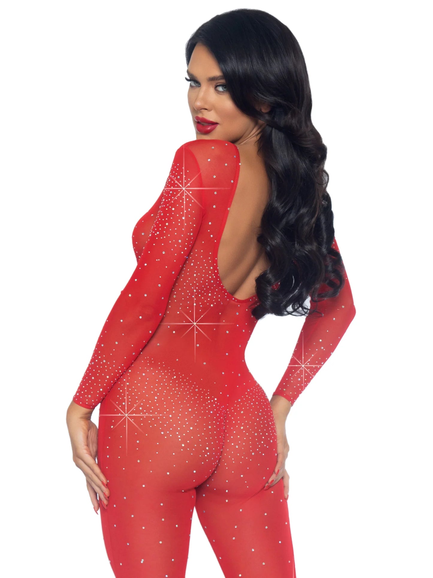 Red Sheer Angel Catsuit with Rhinestones and wings