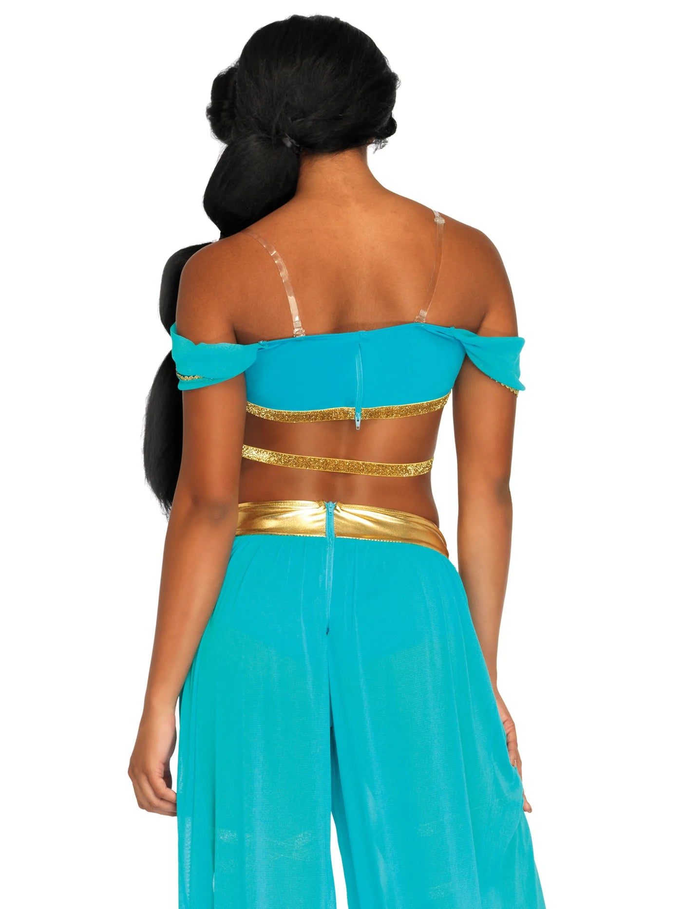 Enchanting Oasis Princess Costume: 4-Piece Teal Gold Arabian Genie Outfit for Women