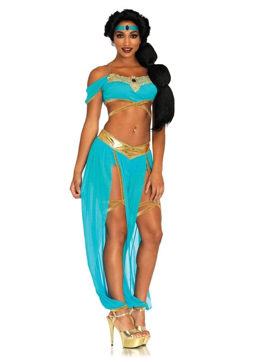 Enchanting Oasis Princess Costume: 4-Piece Teal Gold Arabian Genie Outfit for Women