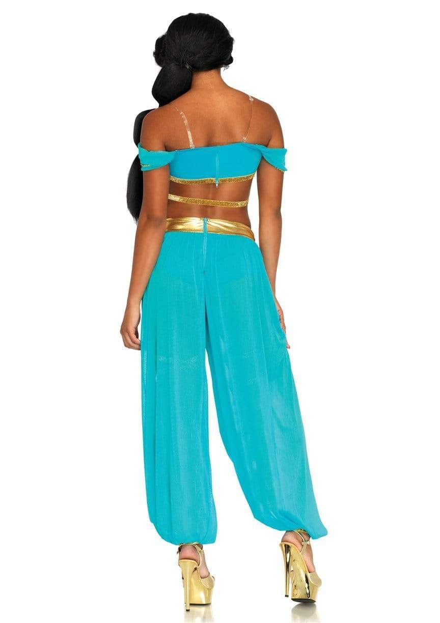 Enchanting Oasis Princess Costume: 4-Piece Teal Gold Arabian Genie Outfit for Women