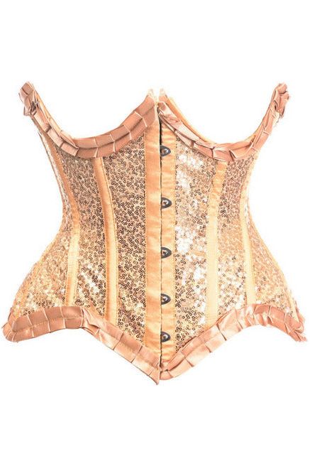 Top Drawer Gold Satin & Sequin Underwire Curvy Cut Steel Boned Waist Cincher Corset