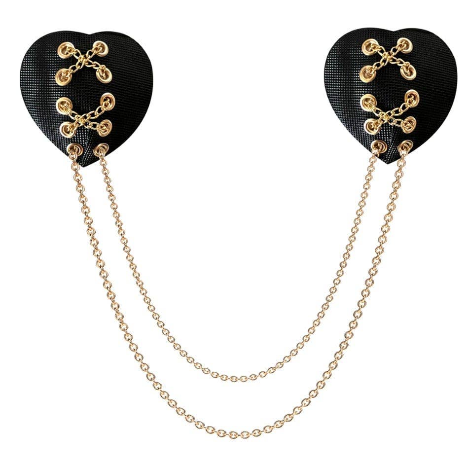 Neva Nude - Unbreak My Heart Black Stitched Heart With Gold Chains Reusable Nipple Cover Pasties