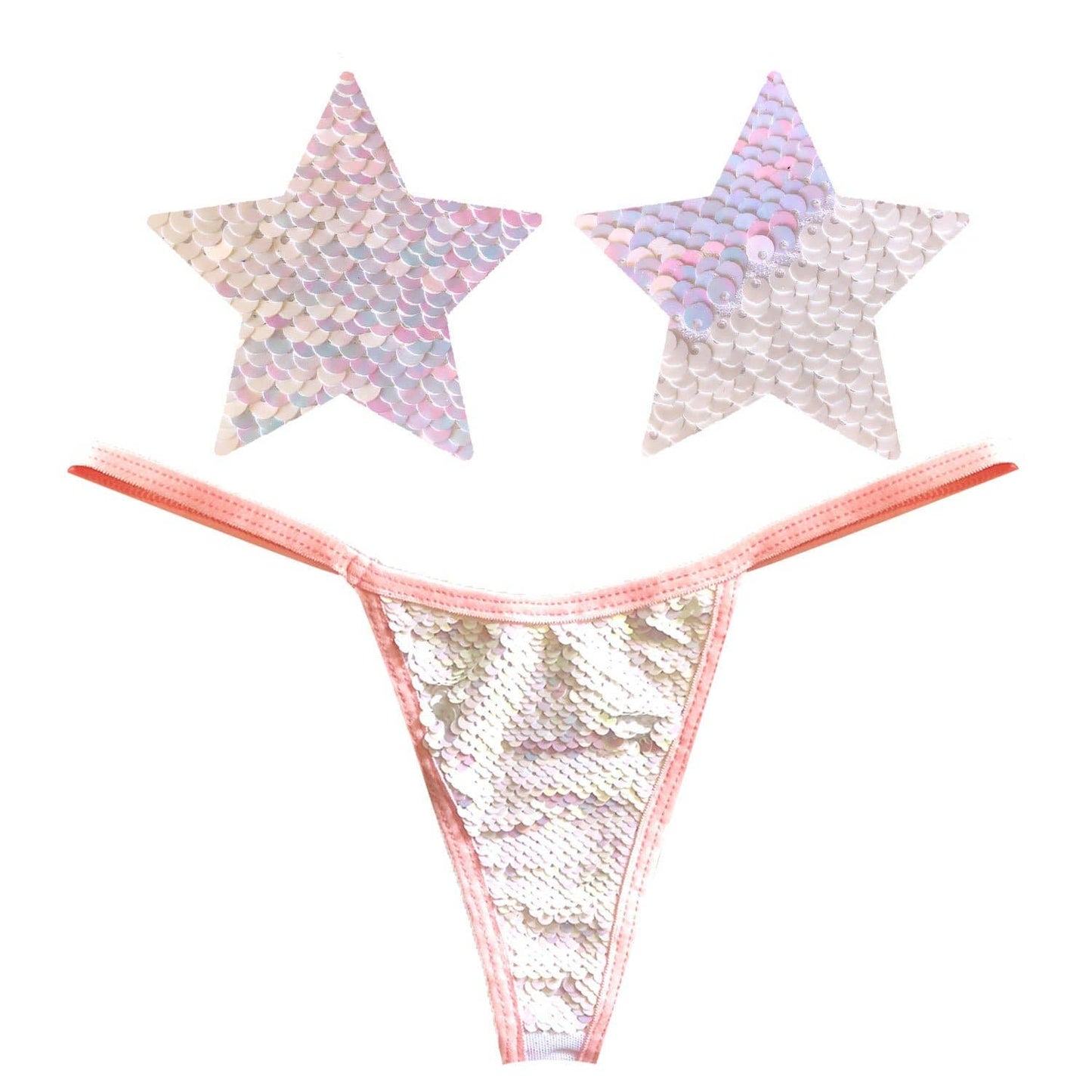 Neva Nude - Princess Bride Pink & White Flip Sequin Pastie and Pantie Lingerie Set