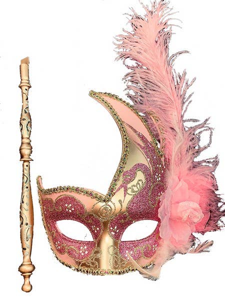 Pink Gold Venetian Mask With Stick