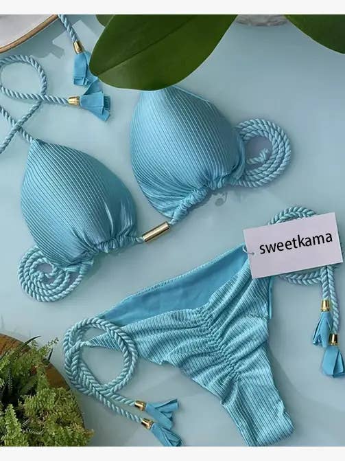 Solid Color Halter Micro Thong Triangle Bikini Set GY02
