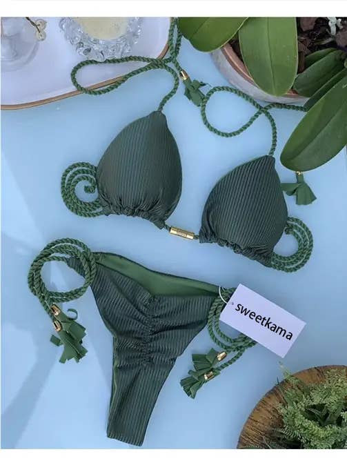 Solid Color Halter Micro Thong Triangle Bikini Set GY02