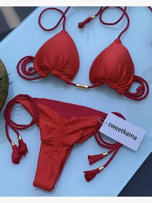 Solid Color Halter Micro Thong Triangle Bikini Set GY02