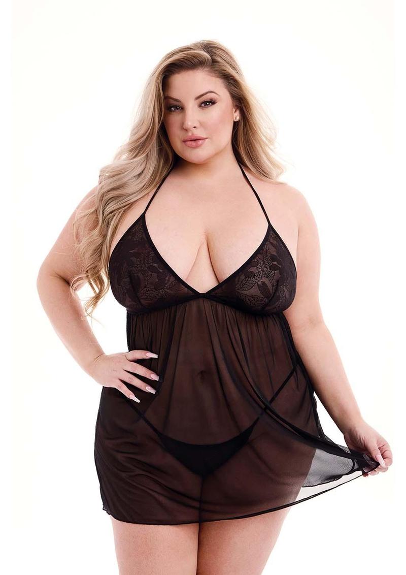 Eco Lace and Mesh Chemise-Blk - Queen