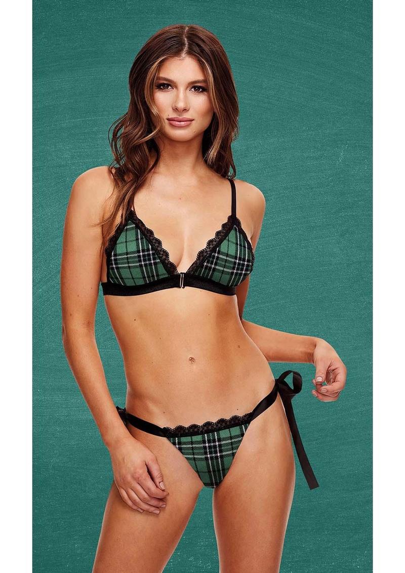 Schoolgirl Bra and Open Back Panty - Green - Large/Medium - Set