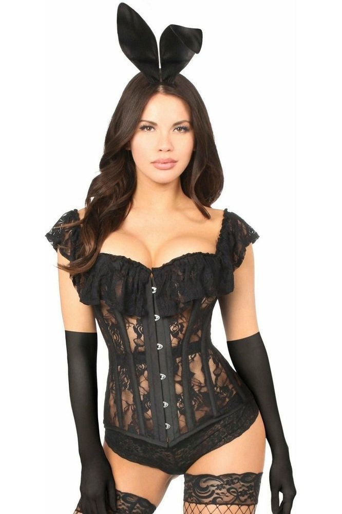 Sultry Sheer Lace Bunny Corset Costume: 4-Piece Top Drawer Lingerie Set
