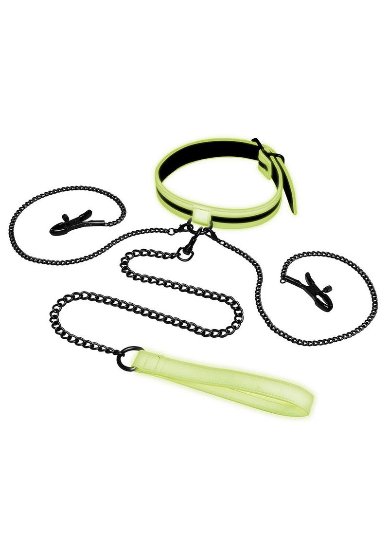 WhipSmart Glow In The Dark Collar W/ Nipple Clips and Leash - Glow In The Dark