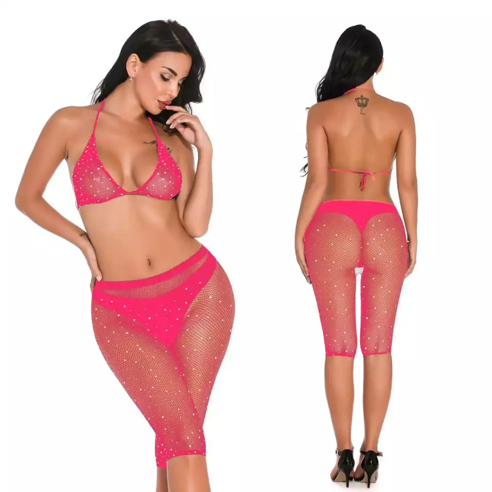Fishnet Rhinestone Shorts Bikini Top Set