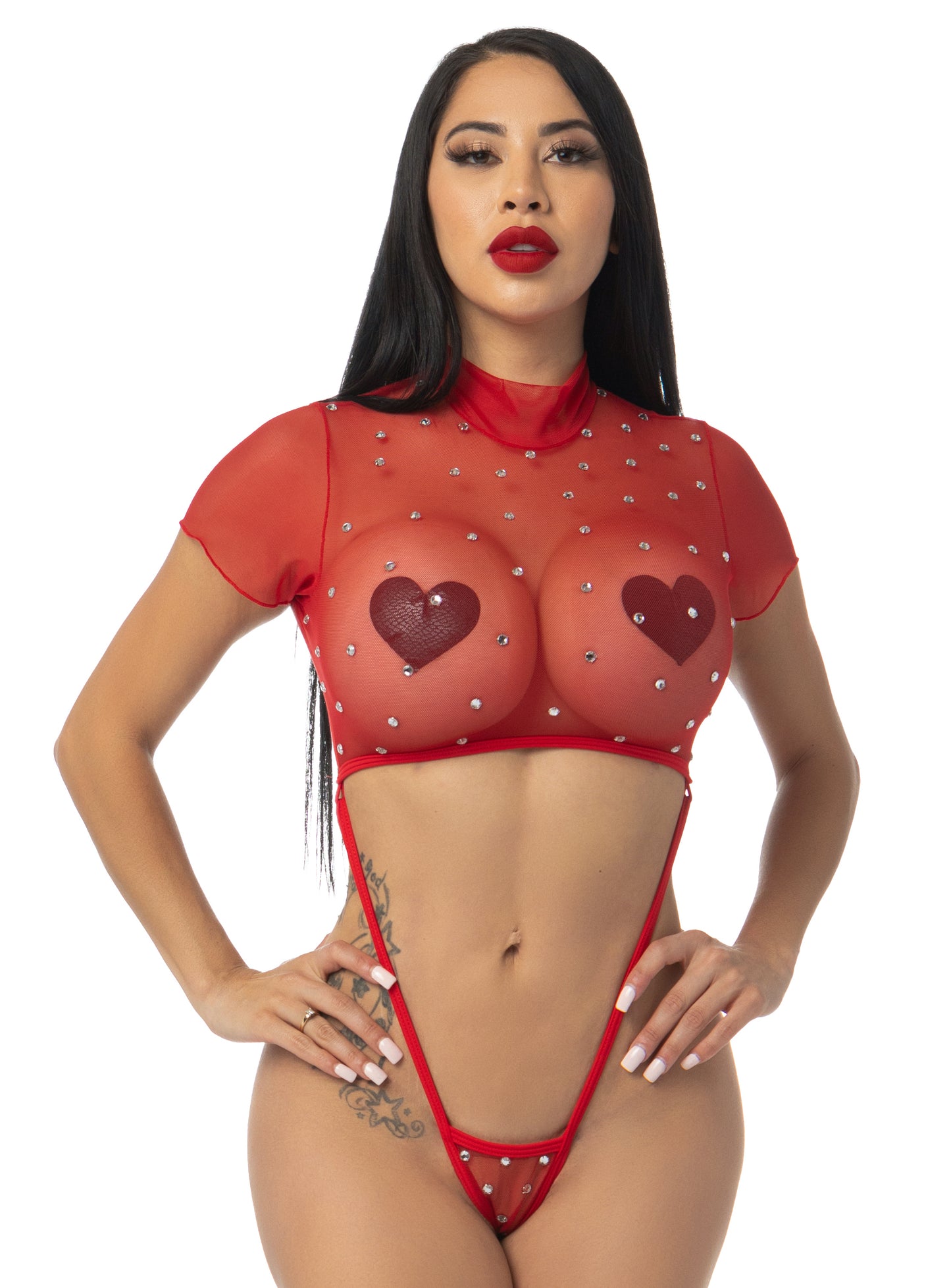 Exclusive Red Slingshot Mesh Romper w/Rhinestones