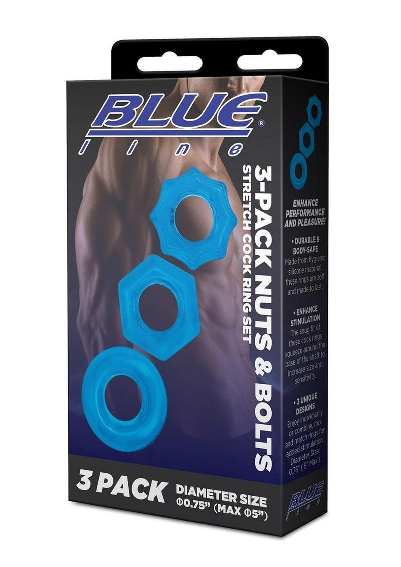 Blue Line Nuts and Bolts Stretch Cock Ring - Blue - 3 Pack