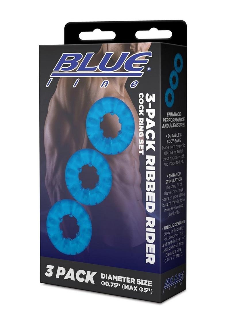 Blue Line Ribbed Rider Cock Ring - Blue - 3 Pack