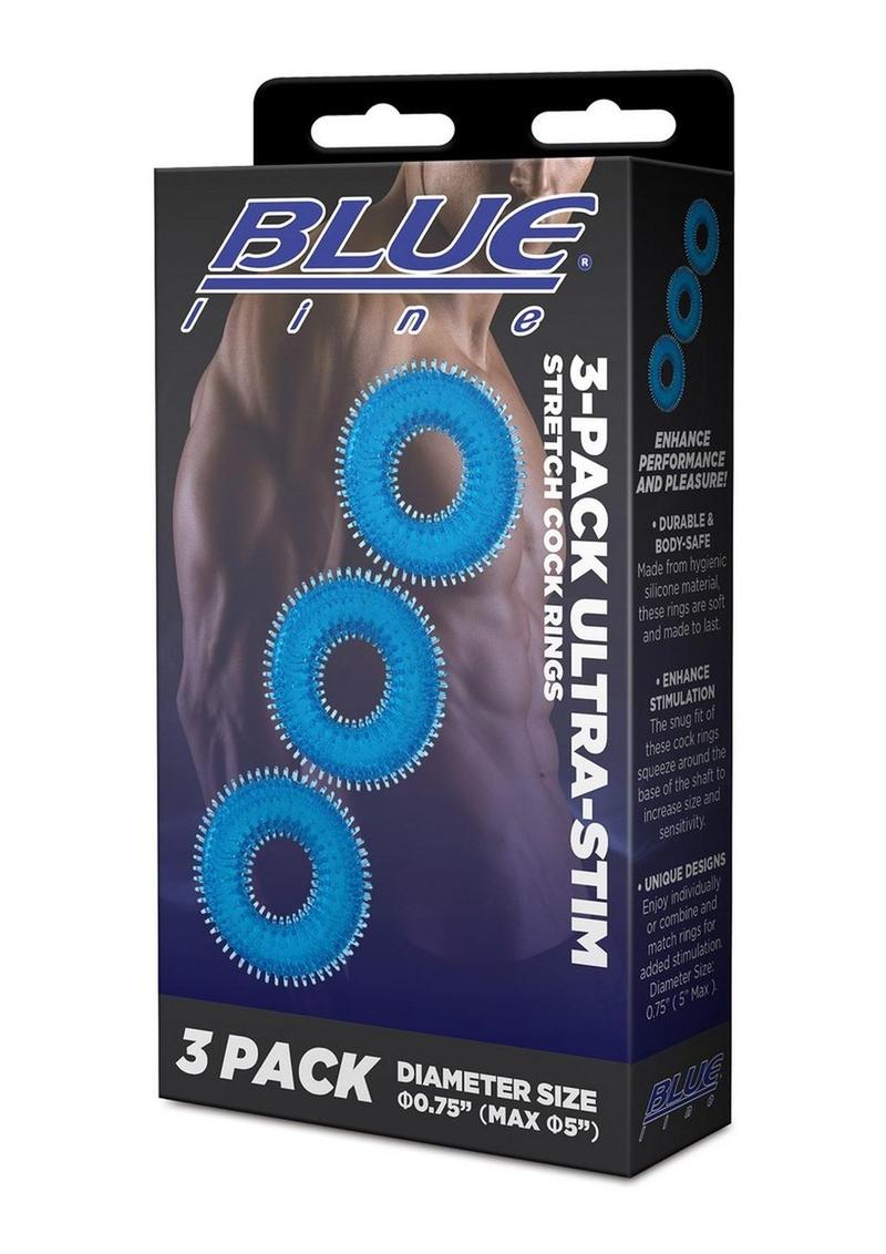 Blue Line Ultra-Slim Stretch Cock Rings - Blue - 3 Pack