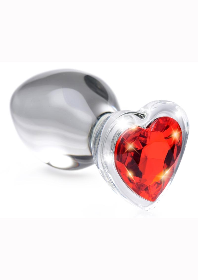 Booty Sparks Red Heart Glass Anal Plug - Clear/Red - Medium