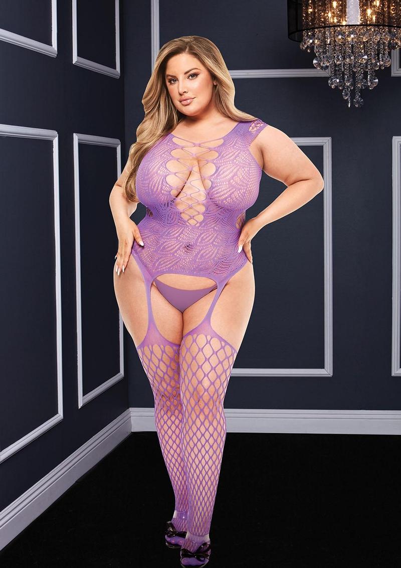 Corset Front Suspender Fishnet Bodystocking - Purple - Queen