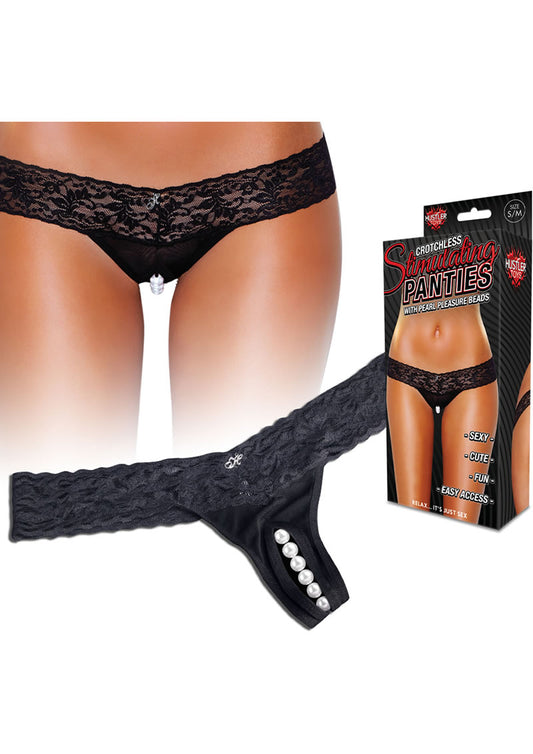 Hustler Toys Crotchless Stimulating Panties Thong with Pearl Pleasure Beads - Black - Medium/Small