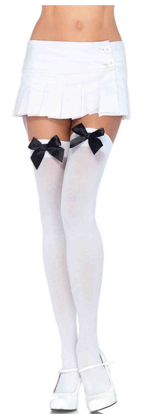 Flirty white Thigh Highs Stockings with Black Bow