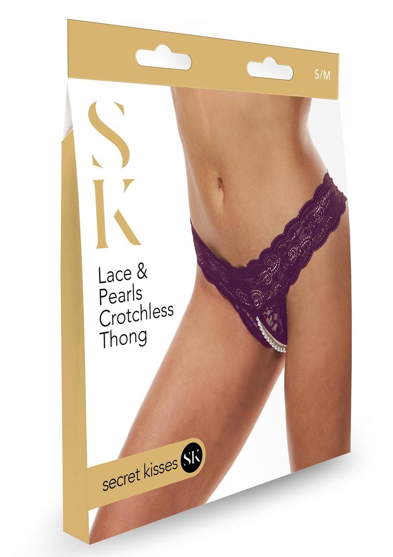 Lace and Pearls Crotchless Thong - Purple - Medium/Small