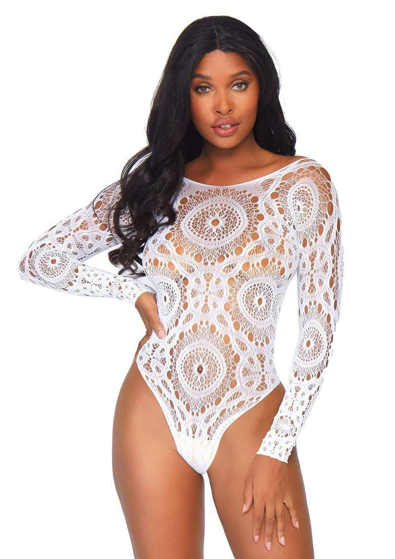 Leg Avenue Crochet Lace Long Sleeved Snap Crotch Thong Back Bodysuit - White - Large/Medium