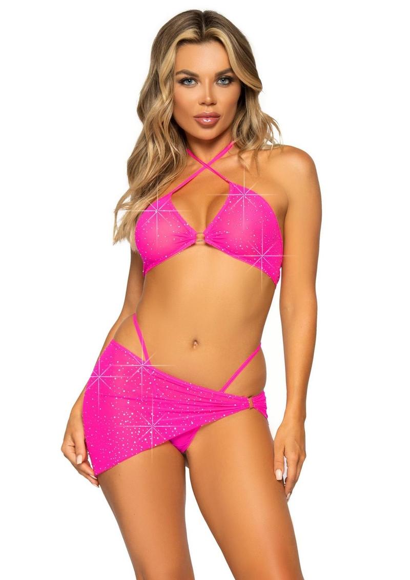 Leg Avenue Rhinestone Mesh Bra Top with Ring Accent, G-String Panty and Matching Sarong - Neon Pink/Pink - Large - 3 Pieces