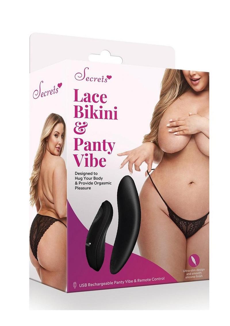 Secrets Lace Panty and Rechargeable Remote Control Panty Vibe - Black - Queen