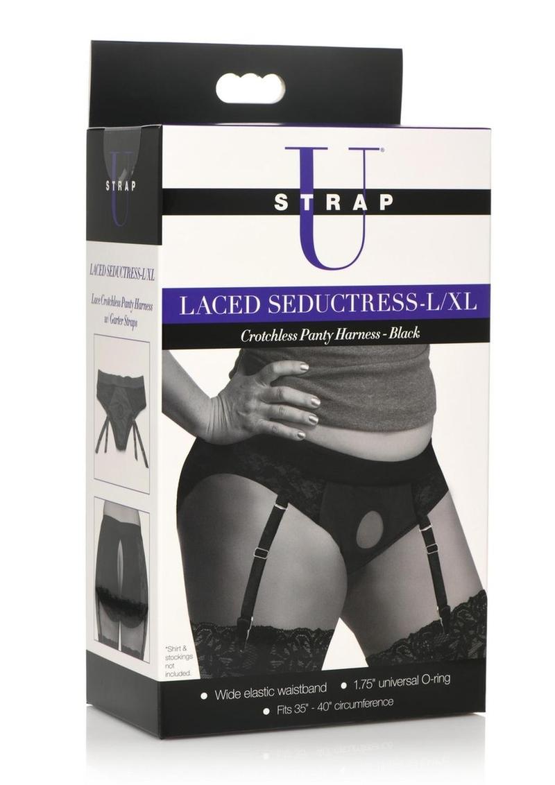 Strap U Laced Seductress Lace Crotchless Panty Harness with Garter Straps - Black - Large/XLarge