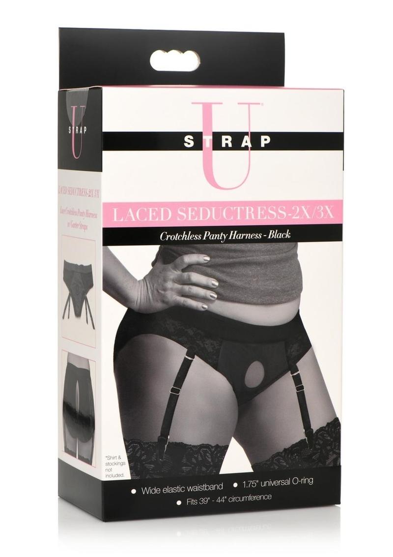 Strap U Laced Seductress Lace Crotchless Panty Harness with Garter Straps - Black - 3XLarge/XXLarge