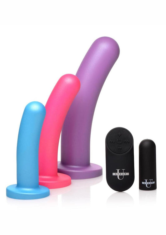 Strap U Triple Peg 28x Vibrating Rechargeable Silicone Dildo Set with Remote Control - Assorted Colors - 5 Piece