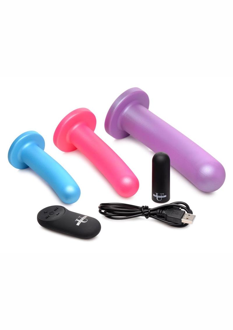 Strap U Triple Peg 28x Vibrating Rechargeable Silicone Dildo Set with Remote Control