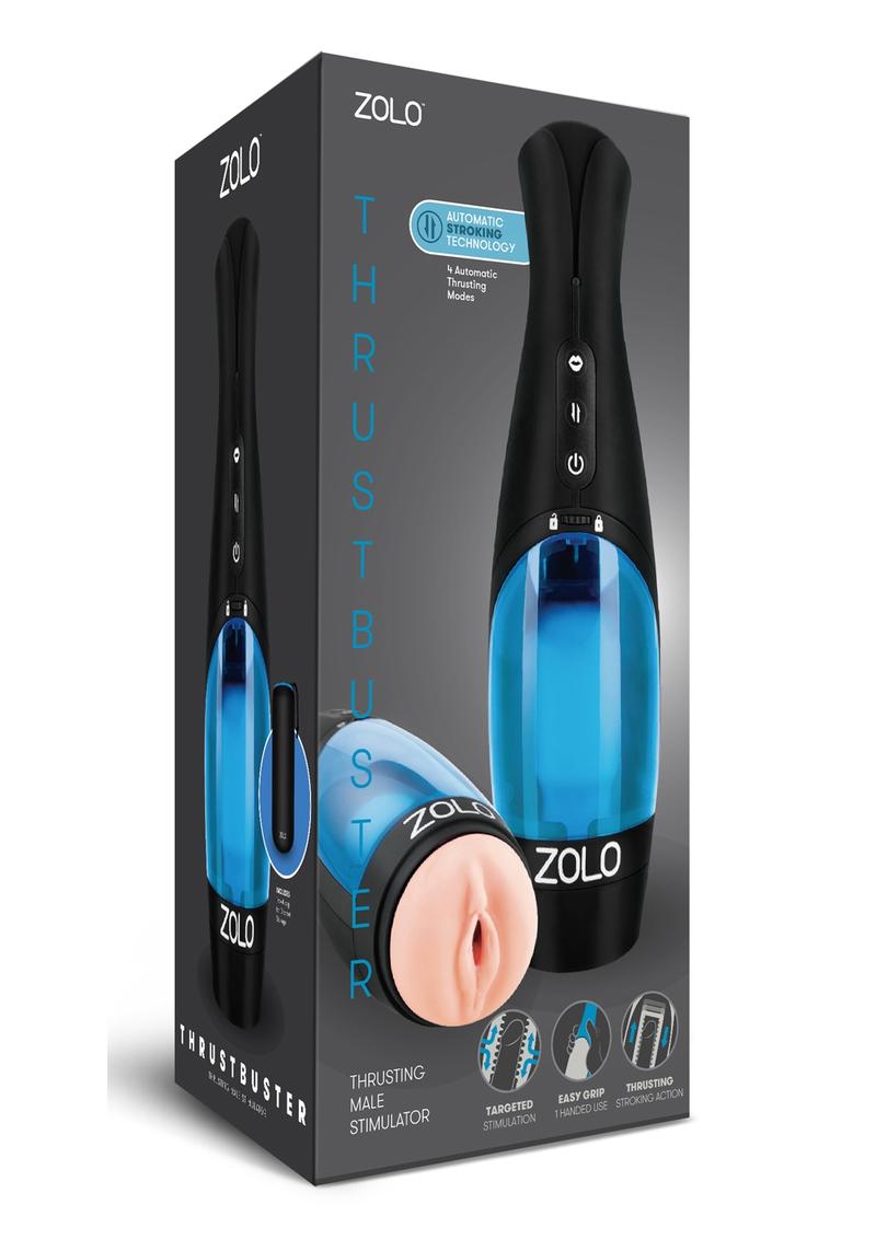 ZOLO Thrustbuster Rechargeable Vibrating Masturbator - Pussy - Black/Blue