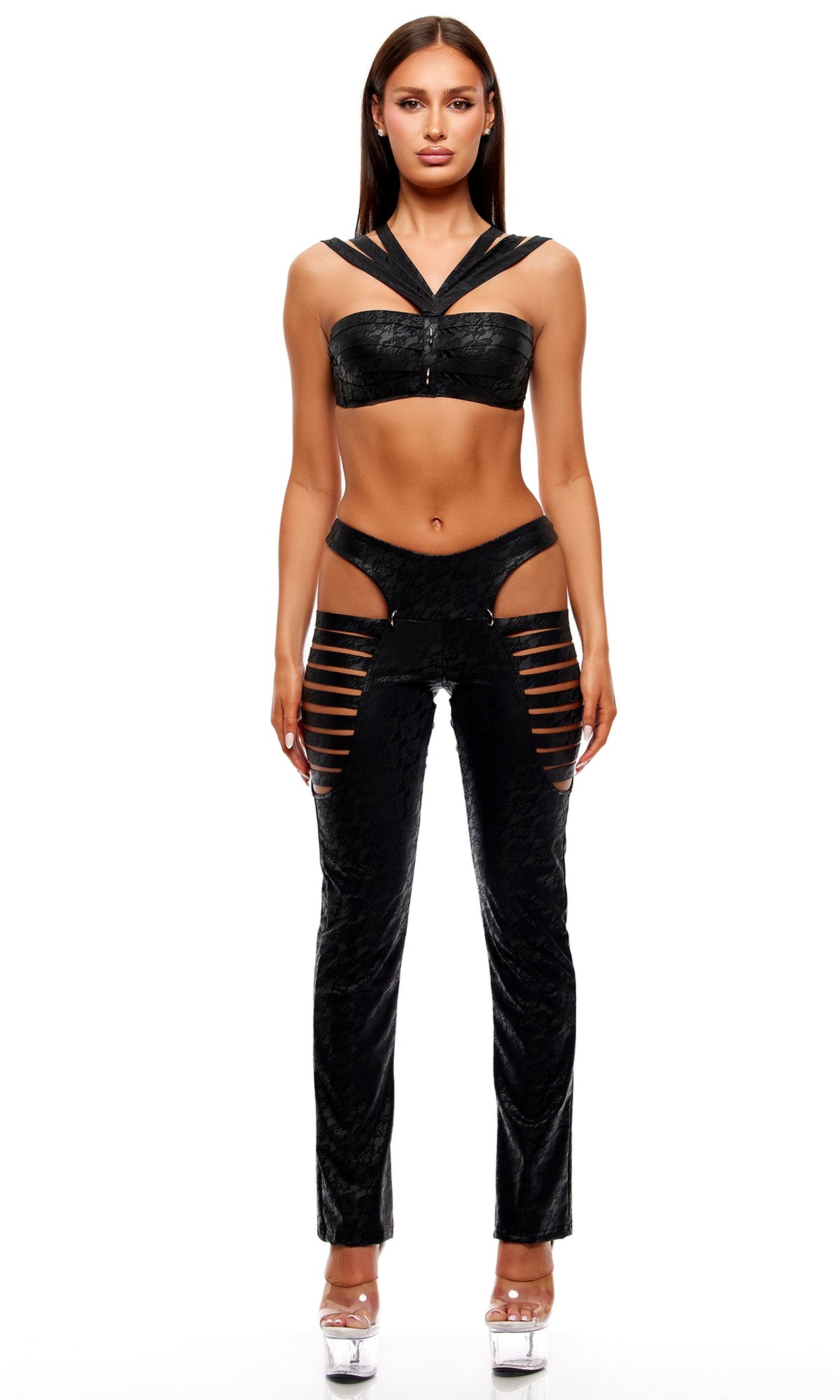 Strap Tease 2-Piece Strappy Matte Vinyl Bra and Pants Set - Black
