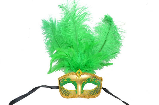 Green Gold Venetian Mask With Feathers