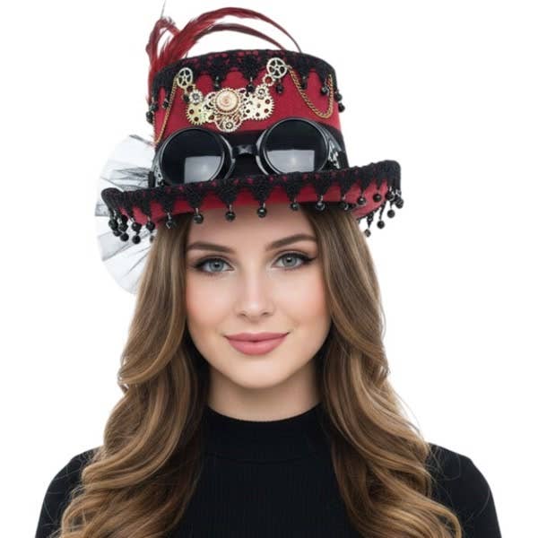 KBW Global Corp. - Red Steampunk Lace Top Hat