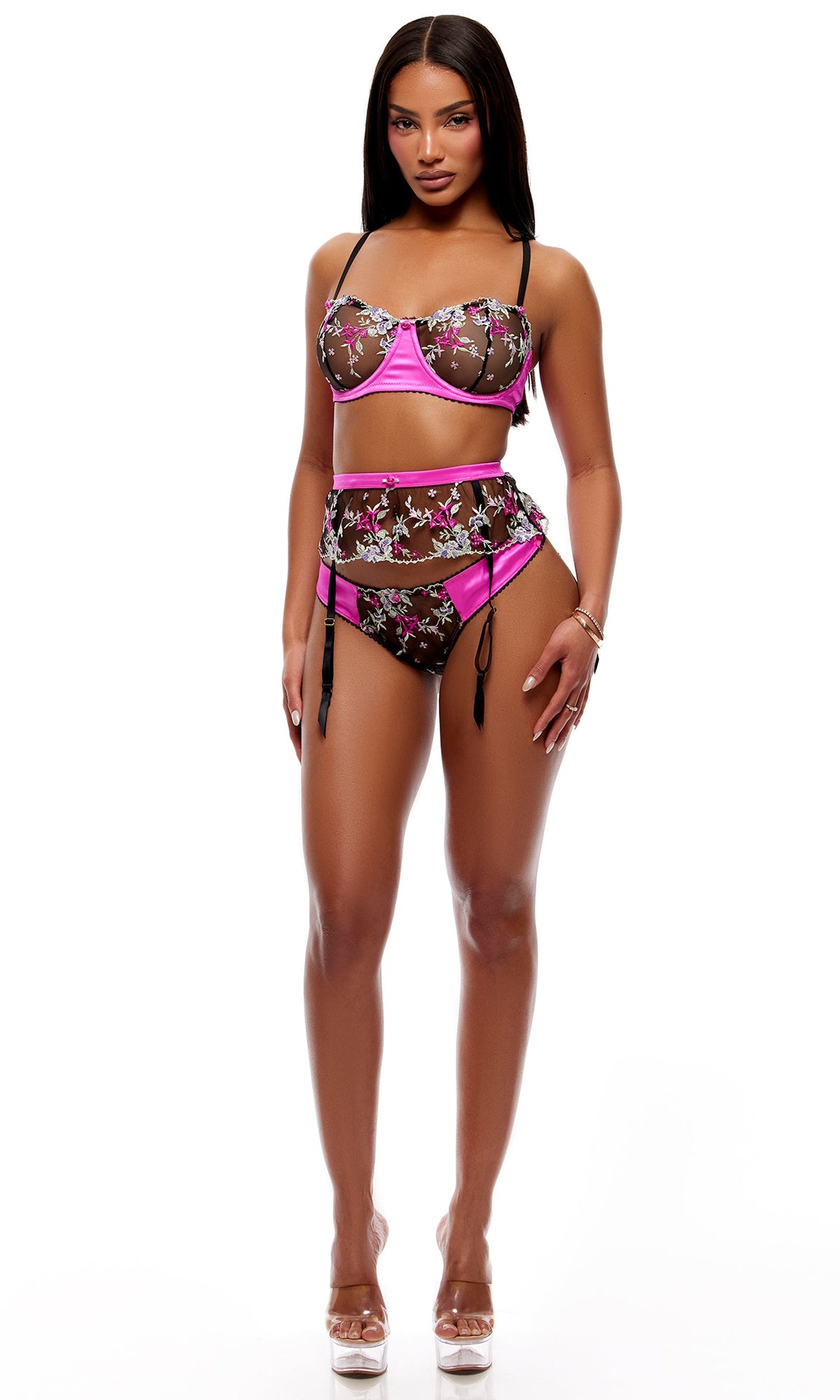 In Full Bloom 3-Piece Embroidered Floral Lace Bra and Garter Belt Set - Multicolor