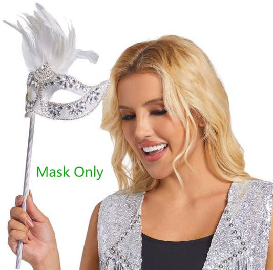 Silver Feather Masquerade Mask with Stick