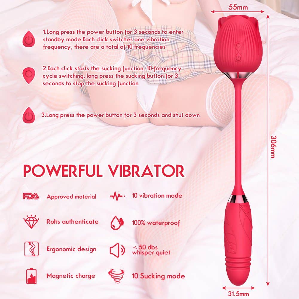 10 Function Rose Vibrator with Thrusting Bullet